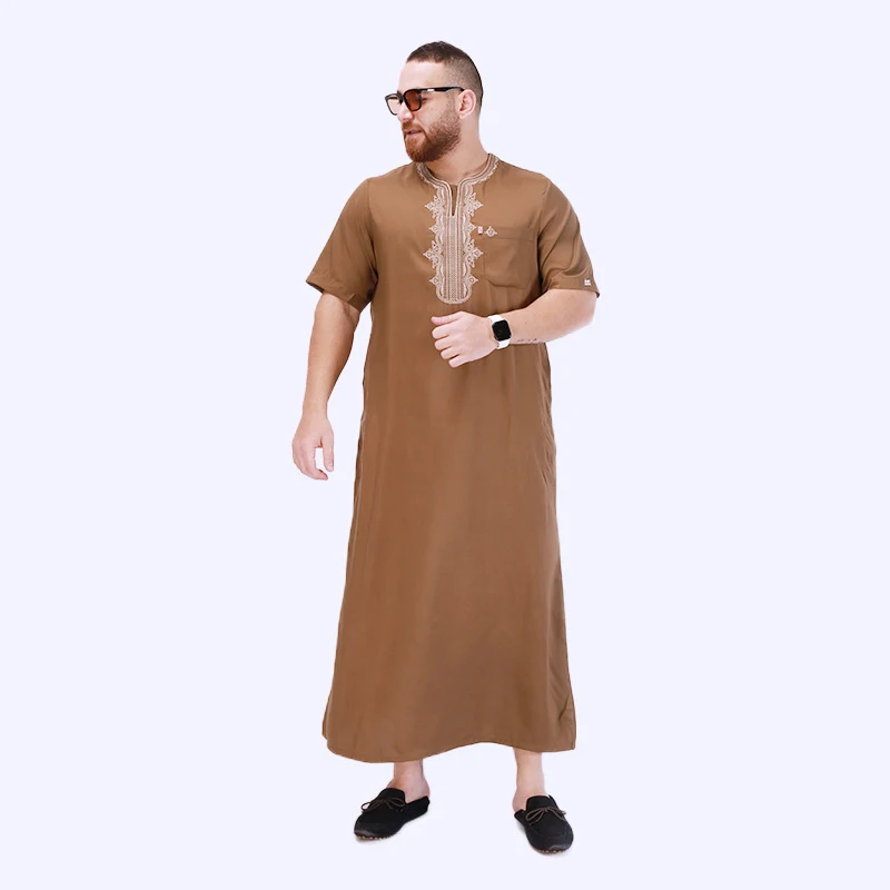 Islamic Clothing Jubba Thobe Muslim Robe Men Round Neck Embroidery Caftan Ramadan National Dress of Middle East Arab Traditional