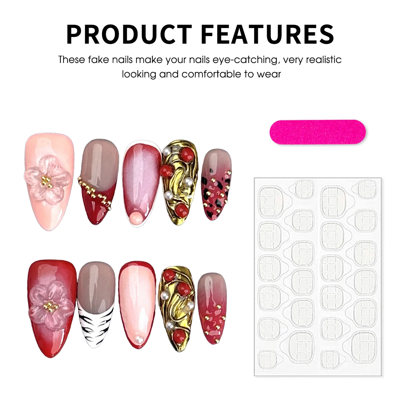 10 шт. легкие роскошные накладные ногти ручной работы с градиентным красным принтом зебры во французском стиле, золотая фольга, пресс на ногтях, 3D цветок, жемчужный декор, ногти