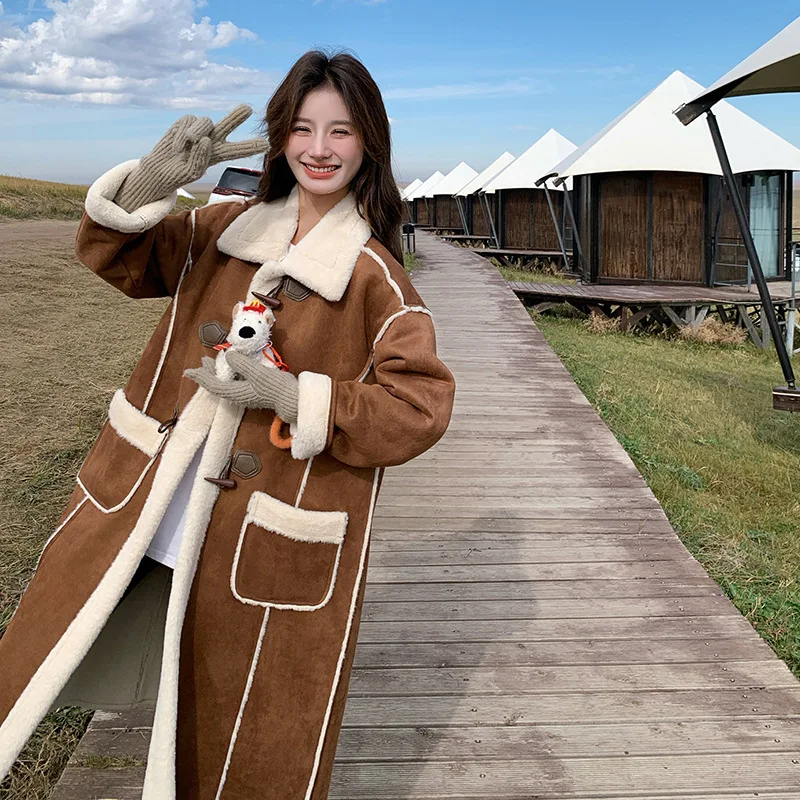 Bruine lange lamsbontjas voor dames, wintereditie 2025, losse en dikke suède katoenen jas Windbreaker mode-top
