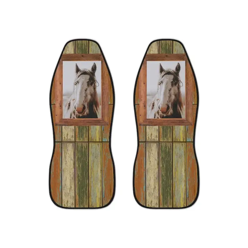 Horse Portrait On Old Wooden Wall Set Of Two Front Car Seat Covers, Farm Animal Seat Covers, Wild Horse Car Seat Protector