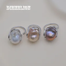 Silver Plated Natural Freshwater Irregular Baroque Pearl Rings for Women 15~25mm White/Pink/Purple Pearl Adjstable Finger Ring
