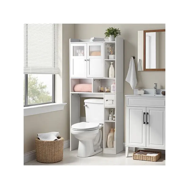 

Double-Door Bath Cabinet with 2 Adjustable Panels, 1 Drawer & 3 Side Shelves, White Finish