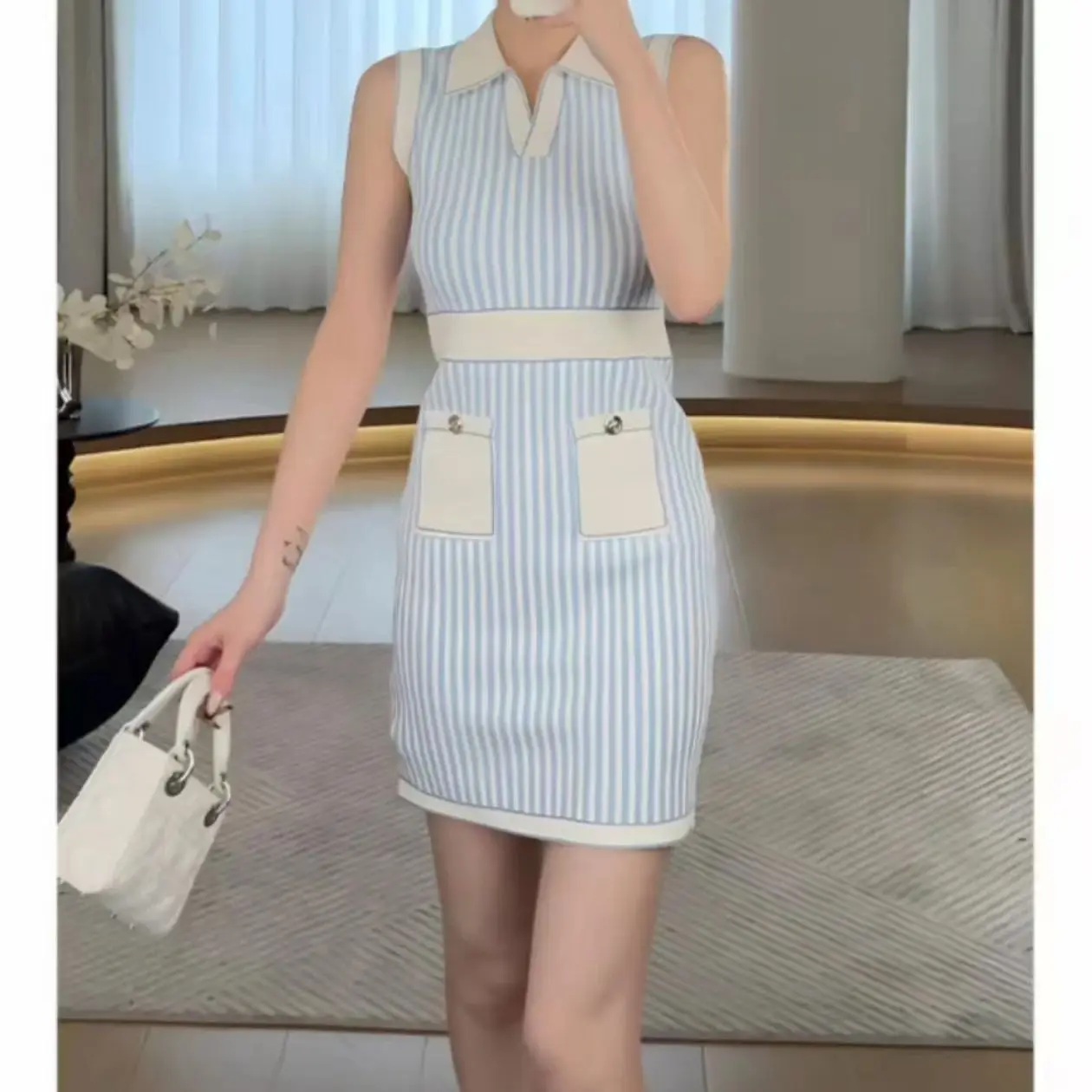 

Summer New Fashionable Commuting Sleeveless Striped Lapel Button Pocket Simple And Atmospheric Slim Fit Short Knit Dress