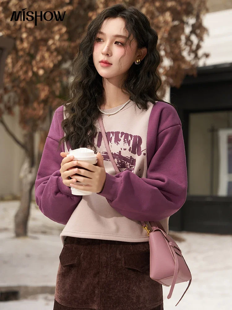 MISHOW American Retro CrewNeck Sweatshirt Women Crop Loose Drop Shoulder Pullover Lady Thick Warm Contrast Top Female MXC56V0059