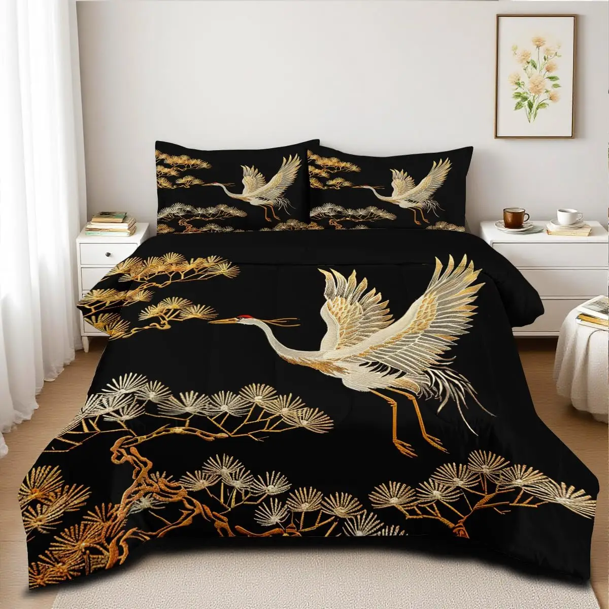 

Comforter Set Queen Size Black Gold Pine and Crane Bedding Set 3D Vintage Chinoiserie Printing Bedding White Golden Bird Tree
