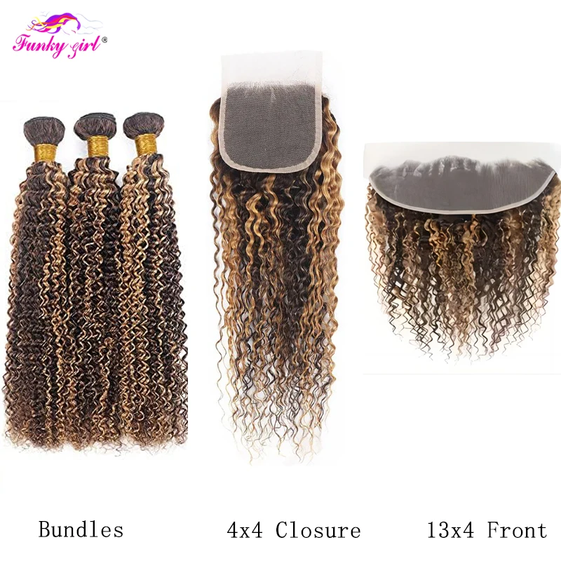 P4/27 Ombre Honey Blonde Kinky Curly Bundles With Closure Transparent Lace Highlight Hair Bundles With Frontal Brazilian Hair