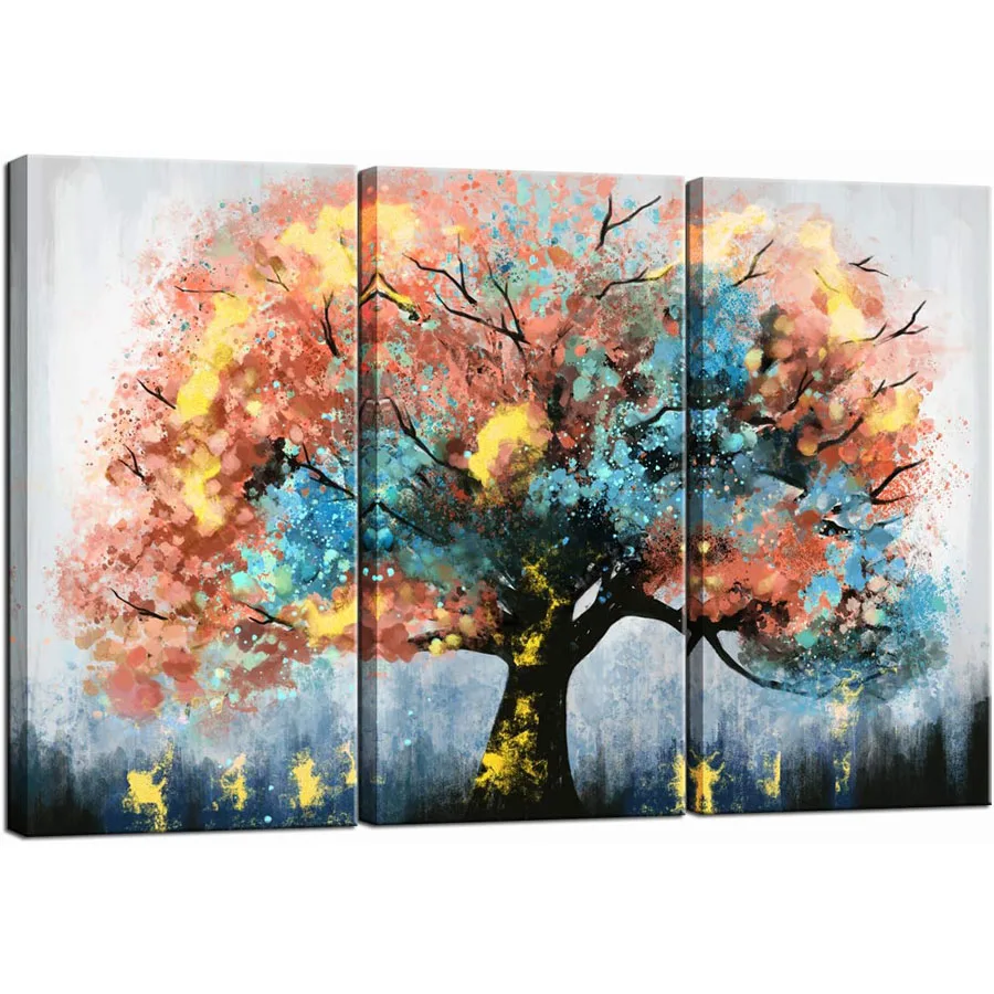 3 pcs large tree diamond paintings abstract painting, modern blue and orange tree art triptych diamond embroidery mosaic decor