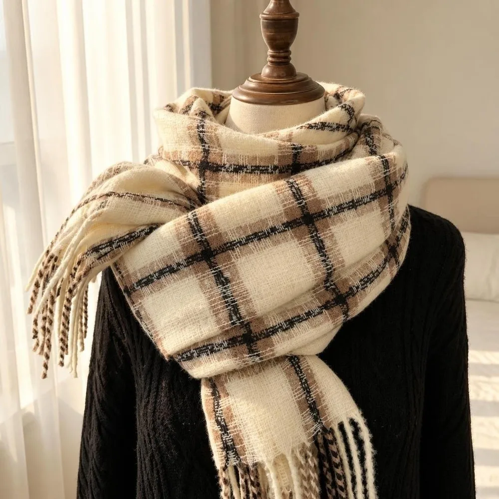 New Faux Cashmere Women's Scarf Plaid Pattern Warm Neck Warmer Elegant High Grade Fashion Shawl Fall Winter Wear