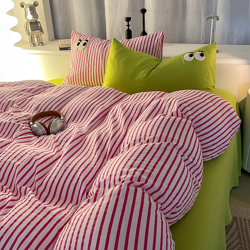 

Stripe Washed Cotton Bedding Set Pillowcase bed sheet Single Full Size Bed Linen Duvet Cover Set Queen/King Double Single Bed