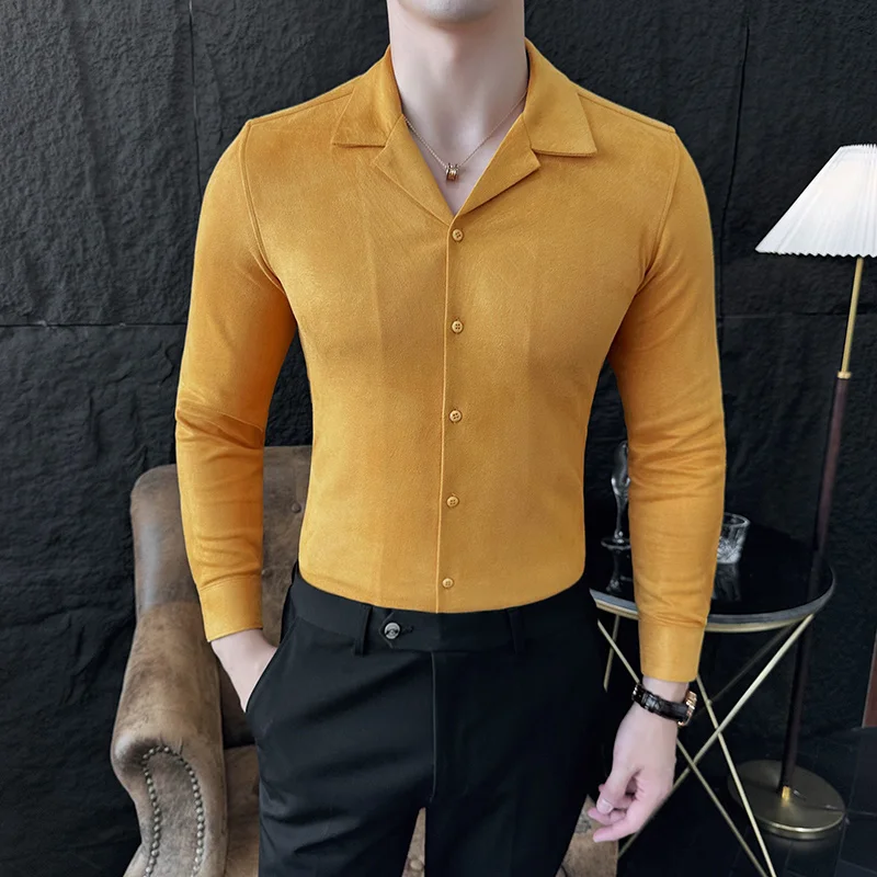 

Vintage Suede Shirts for Men Elegant V-Neck Long Sleeved Slim Fit Men's Shirt Luxury Korean Style Party Club Male Blouse Tops