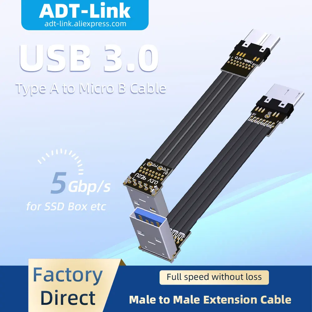 ADT-Link  5Gbps USB 3.0 Bend Male-to-Male Type-A to Micro-B Flat and Slim Extension Cable High-Speed Right-Angle Shielded Cable