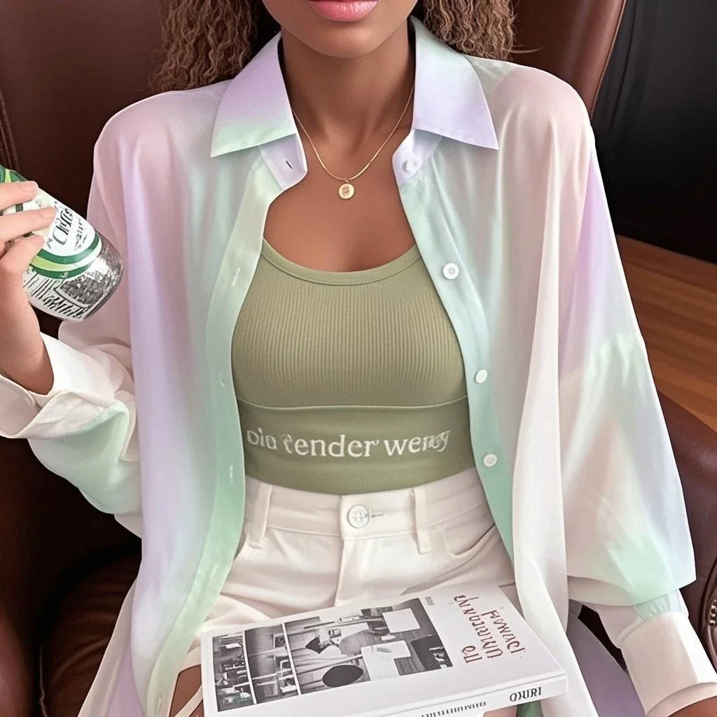 See-Through Irregular Gradient Rainbow Long Sleeved Shirt and Blouses Thin for Women Clothes Loose Top Pink Casual Fashion Trend