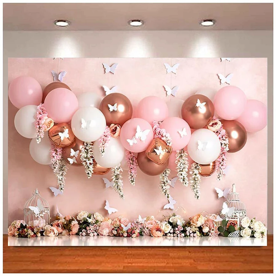 

Photography Backdrop Wonderland Pink Girl Butterfly Flowers 1st Birthday Party Cake Smash Decor Photo Studio Background Banner