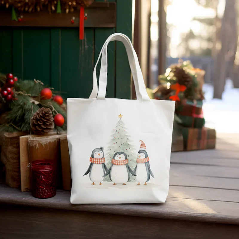 Three Penguins Christmas Tote Bag Reusable Festive Shopper Shopping Holiday Gift Shopping Bag for Life Christmas decor gift for