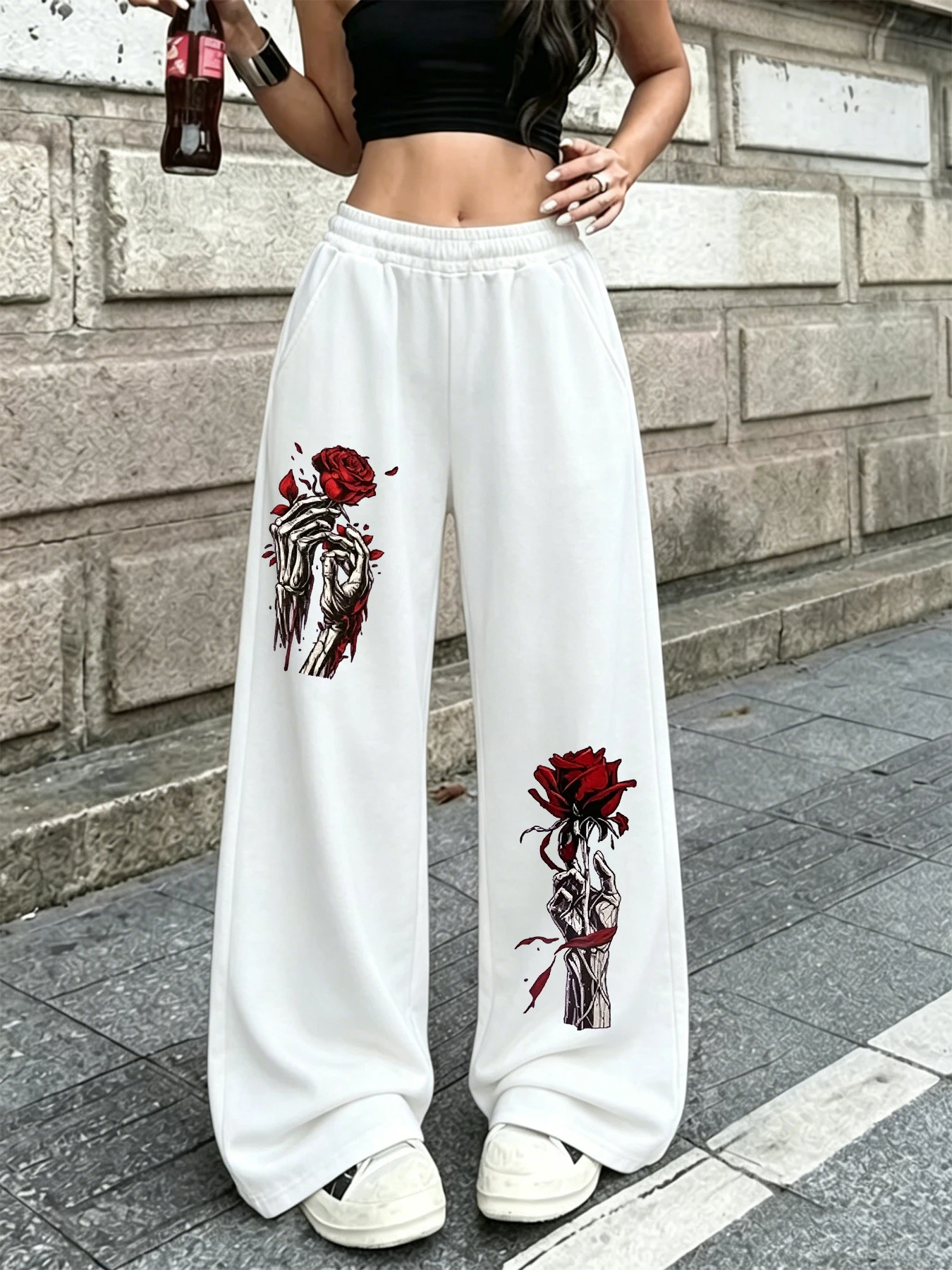 American Street Gothic Style Skeleton Hand Red Rose Print Wide Leg Pants for Men and Women in Plus Size Y2K Subculture Pants