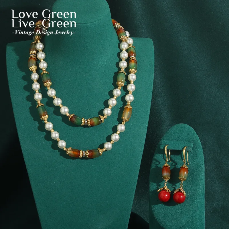 

Vintage Freshwater Pearl Necklace Set For Ladies Bridal Red Stone Luxury Dangle Earrings Color Glass Jewellery New In Gift