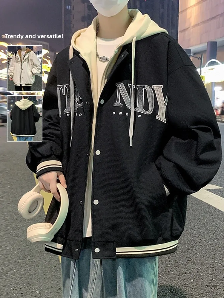 

Мужская бейсбольная куртка-бомбер с капюшоном в американском стиле, весна-осень, новая модная коллекция, имитация двухслойности, полиэстер, молодежный тренд