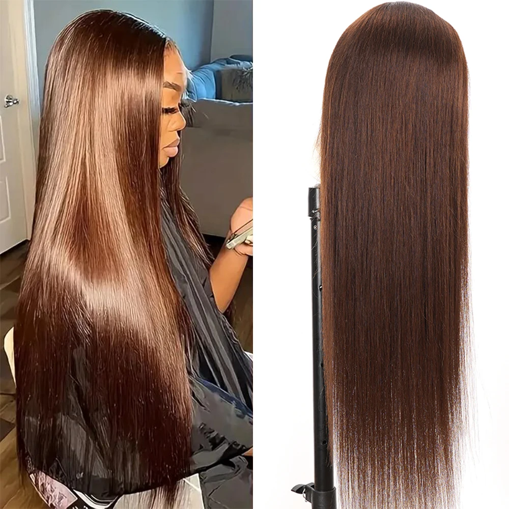 13x4 الدانتيل الشفاف شعر مستعار أمامي # 4 باروكات شعر بشري مفرود بني داكن بكثافة 180%، باروكات مستقيمة بلون بني شوكولاتة