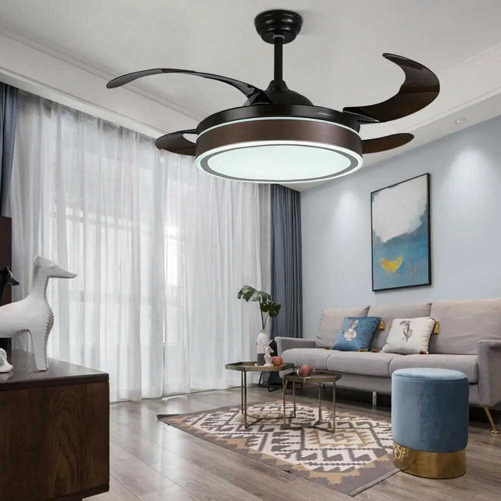 42inch Retractable Brown Ceiling Fan with Lights Invisible Dimmable LED Fan Light 4-Blades 3-Speed/3-Color Changes w/Remote