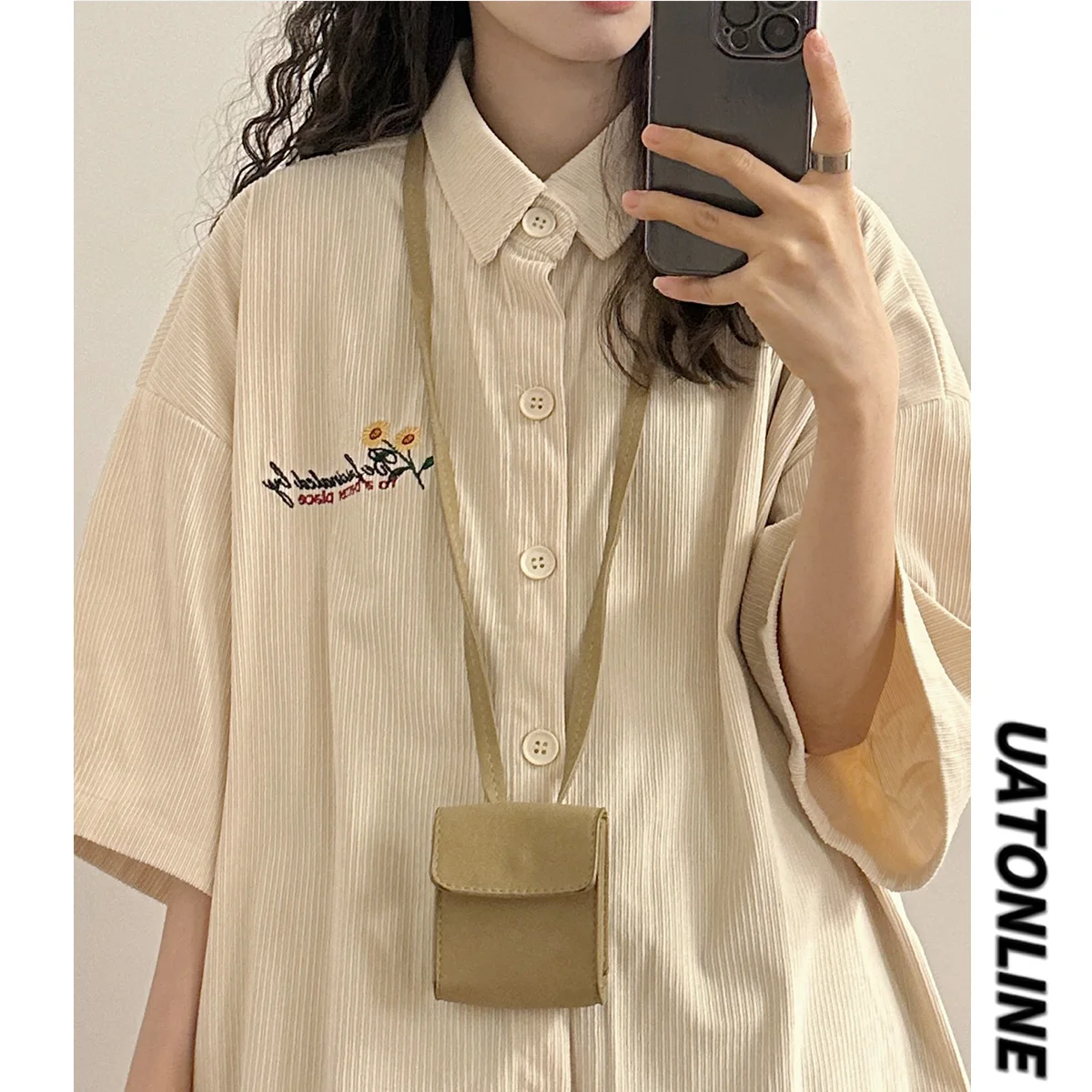 

UATONLINE2025 Новая летняя свободная рубашка в американском ретро-стиле с вышивкой мелкими цветами, вельветовая, с коротким рукавом, в уличном стиле, с воротником