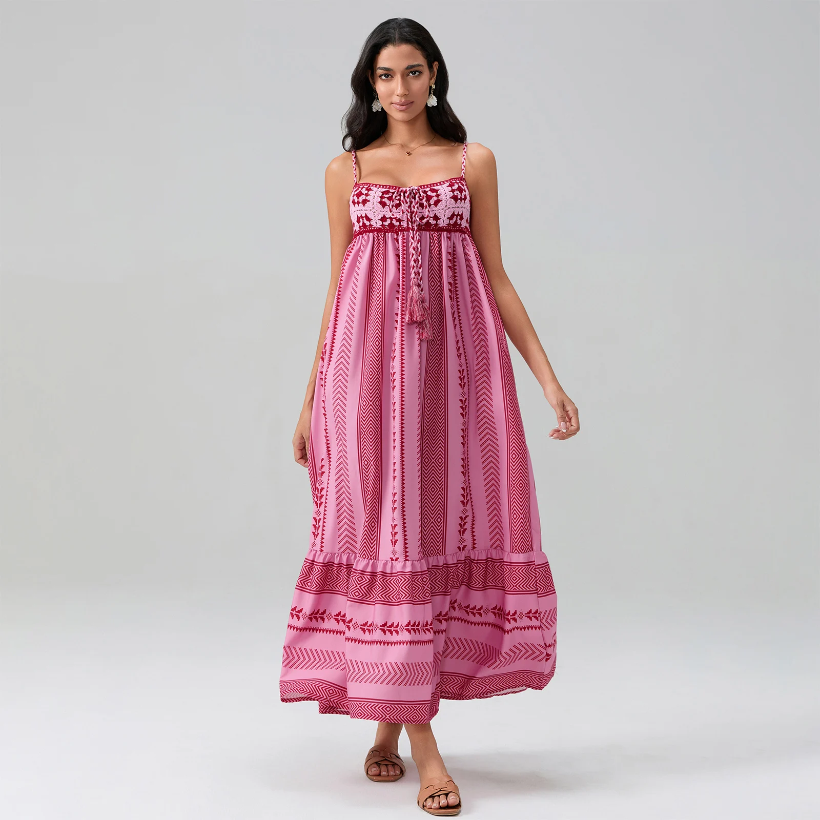 Robe trapèze à imprimé géométrique pour femmes, robe fleurie bohème, pompons au crochet, robe de soirée décontractée pour les vacances, été