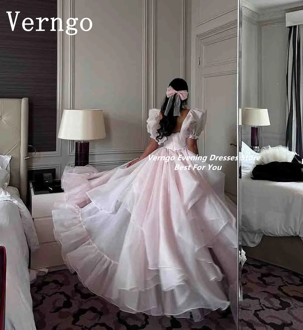 Verngo Blush Pink Organza Prom Gowns Short Puff Sleeves A Line Party Dress For Women Princess Formal Occasion Dress