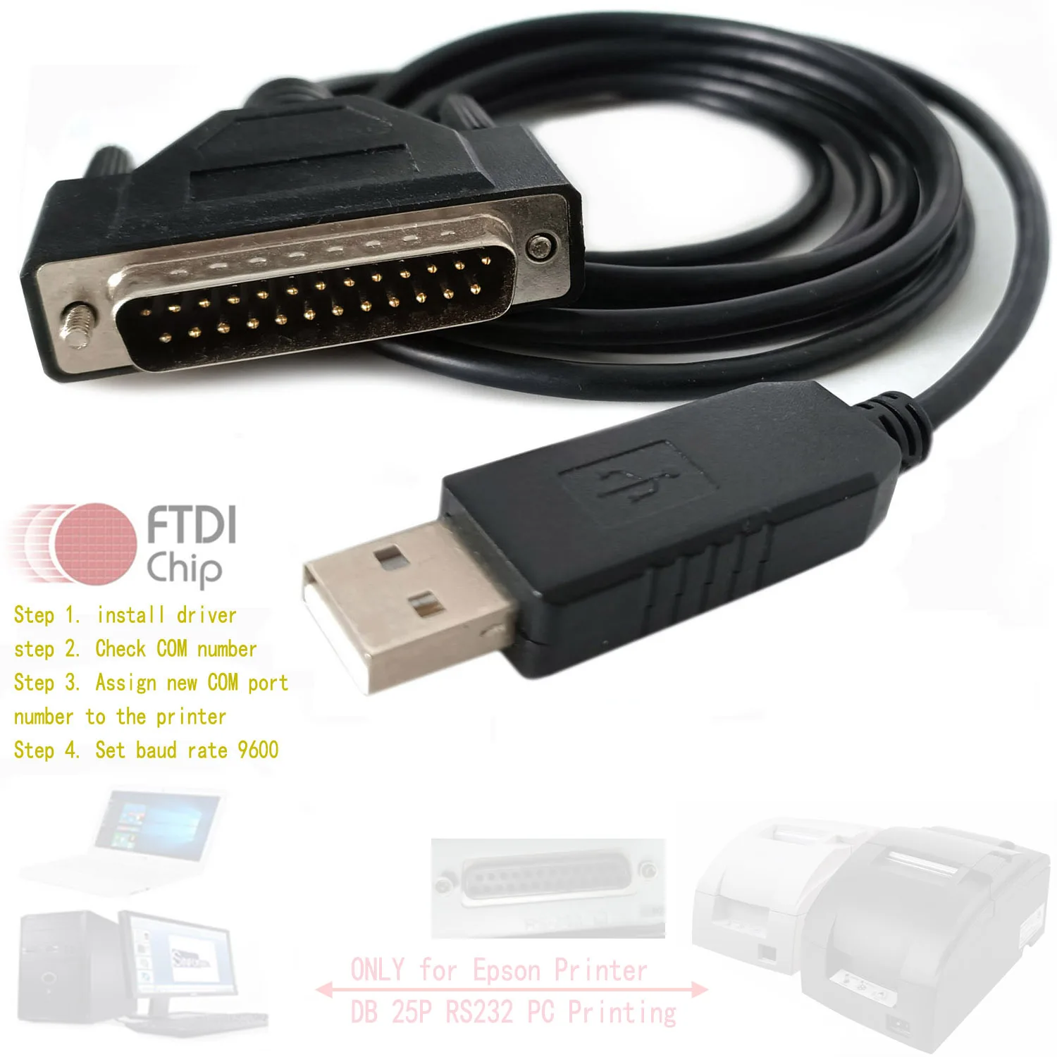 

TM-U220 TM-U295 TM-T88V TM-U330 TM-58 Epson Printer Cable USB RS232 to DB25 FTDI chipset