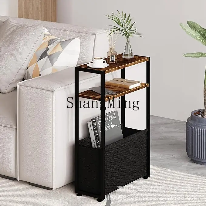 

SM Narrow side table with fabric basket Bedroom bedside shelf Living room Sofa side Super narrow table