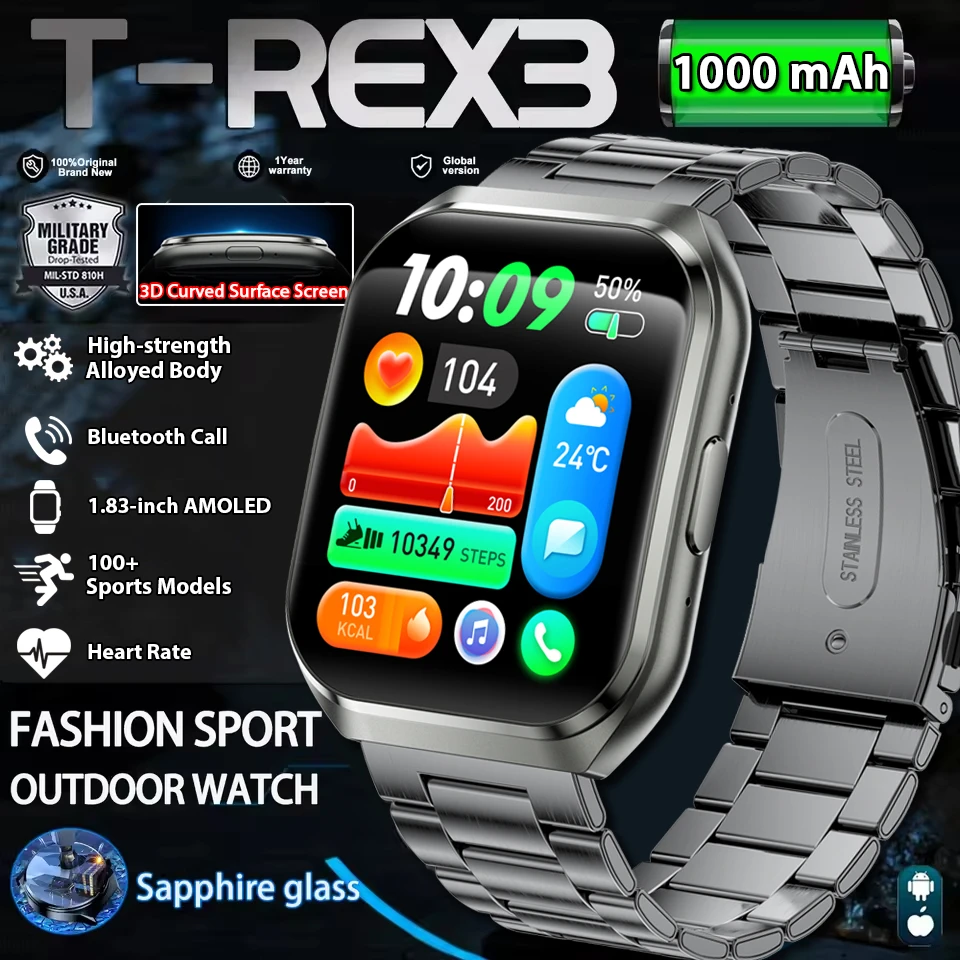 

2026 Новые умные часы T-REX3 для улицы, 1,85 дюйма, AMOLED, 1000 мАч, большая батарея, IP68, водонепроницаемые, голосовой вызов, спортивный мужской браслет для фитнеса
