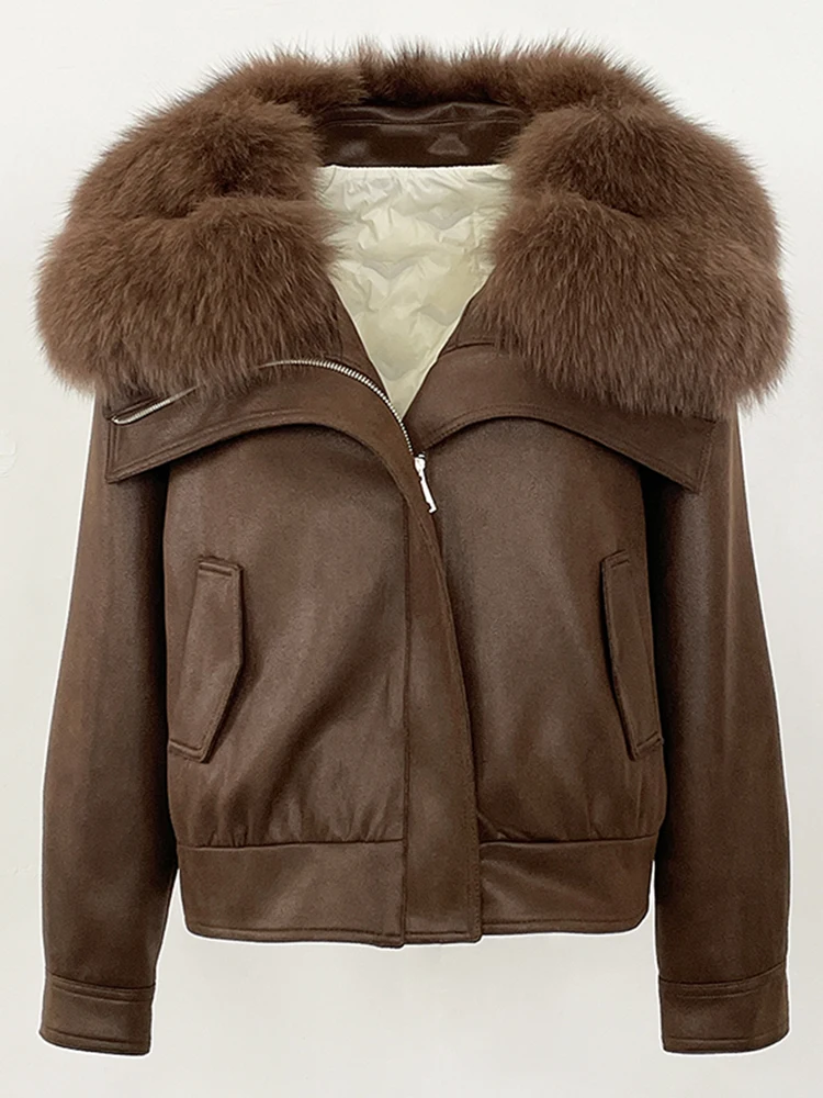 2025 Women Fashion Short Down Coat Big Real Fox Fur Collar Lady Warm Suede Fur Puffer Jacket New Winter Clothing Female