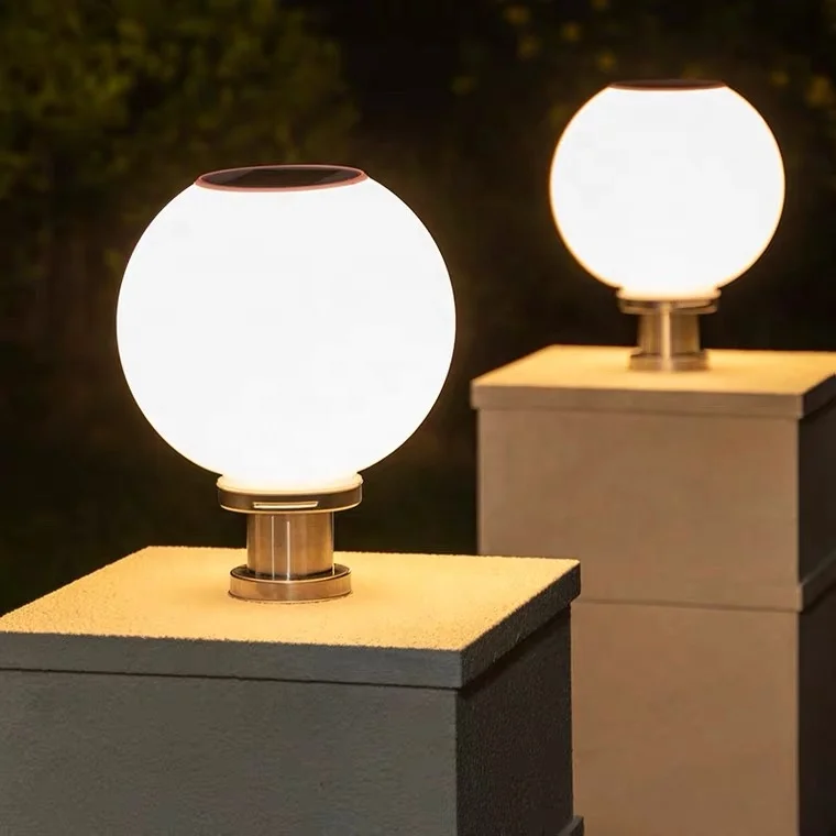 モダンな球形ledメタルアクリル景観柱ライト、防水屋外ガーデン柱ライト、正方形フェンスソーラーピラーランプ