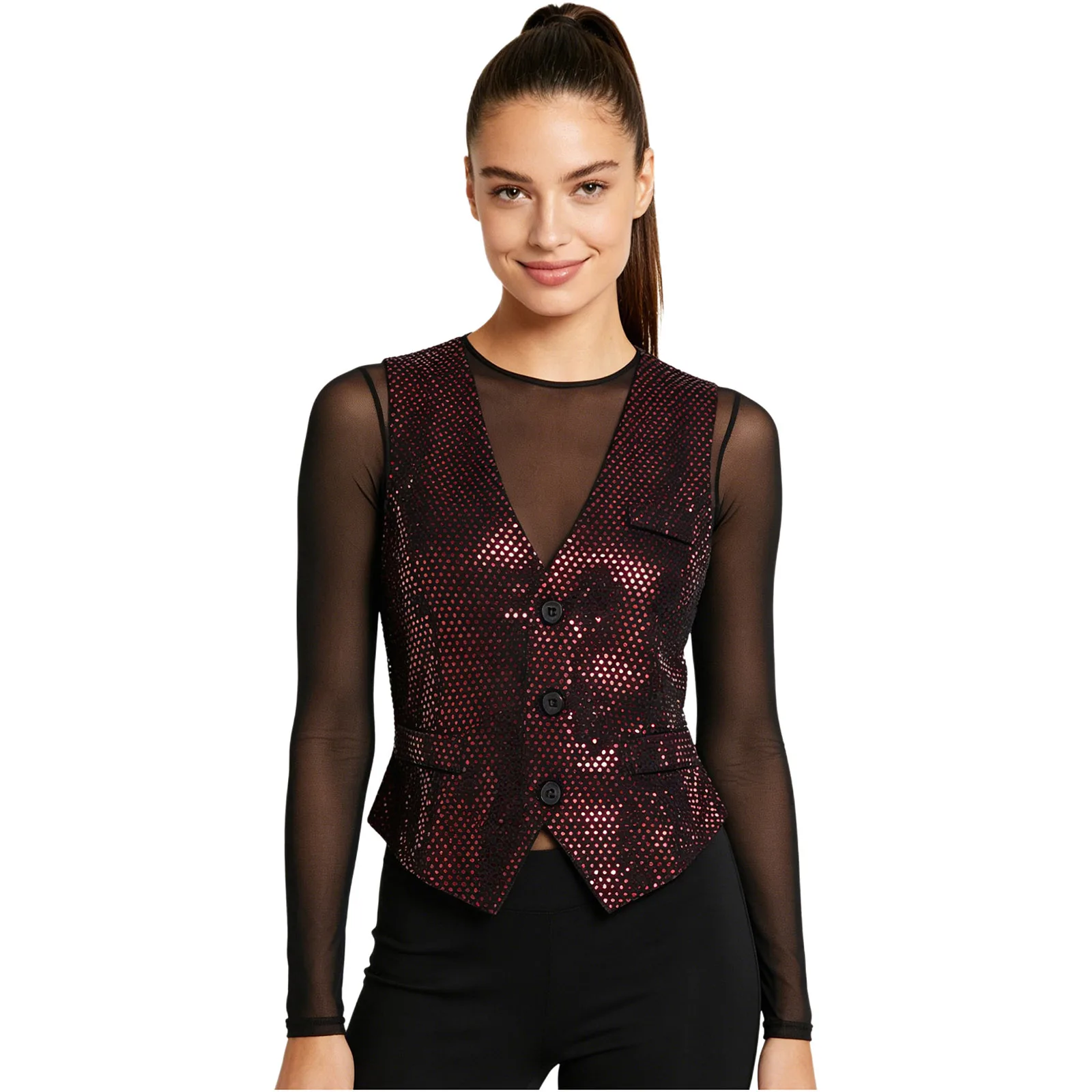 Glitter Sequined Blazer Vests Dressy Look Women Jazz Disco Dance Costume Pointed Hem Street Dance Tank Top Tango Latin Dancewear