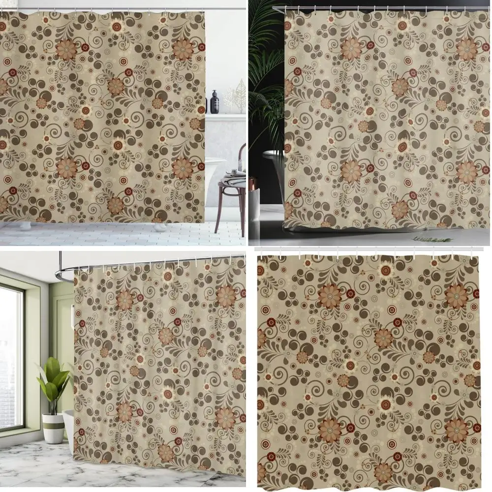 

vintage floral shower curtain with whimsical swirls, retro hues, and dotted pattern for a stylish bathroom