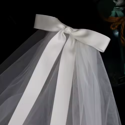 LA003 Bridal Veil Two-Layer Plain Tulle Satin Bow Handmade White Short Headdress Veil for Wedding Dress - Image 4