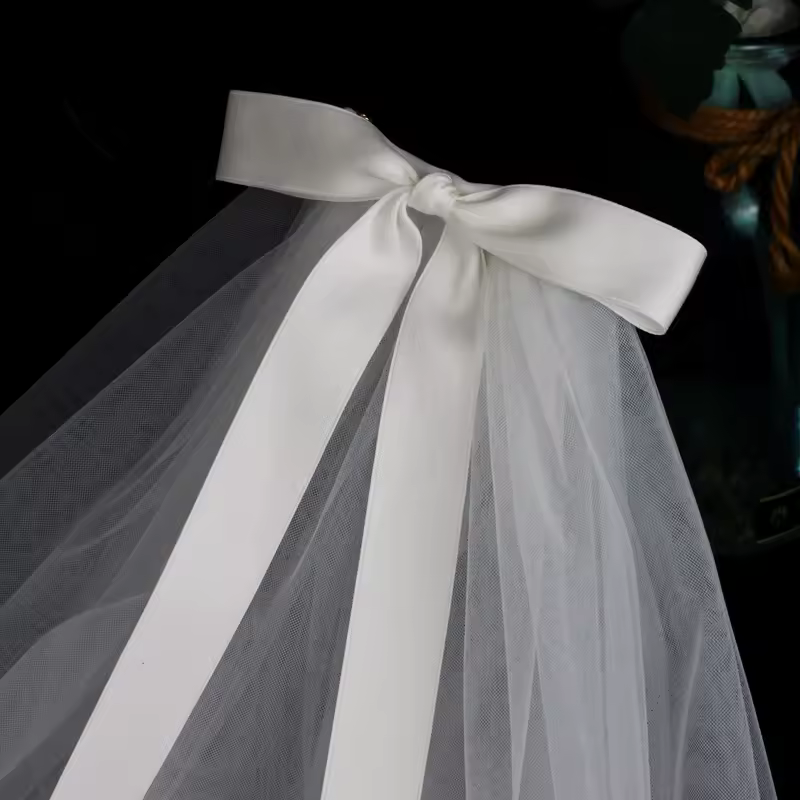 LA003 Bridal Veil Two-Layer Plain Tulle Satin Bow Handmade White Short Headdress Veil for Wedding Dress - Image 4