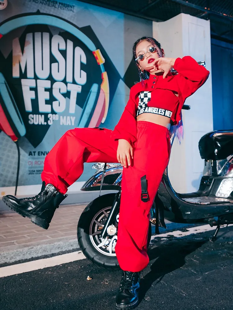 Hip-hop Jazz Dance Wear Kids Show Pant Suit K-pop Stage Outfits Urban Dance Girl Clothes 3 Pcs Red Black White Costumes