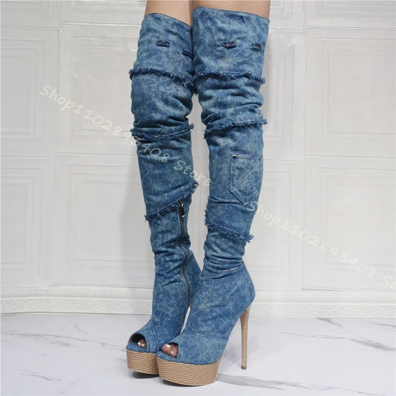 Blue Demin Platform Rivet Knee Boots Stiletto High Heels Peep Toe Side Zipper Sexy Women Big Size Shoes 2023 Zapatos Para Mujere