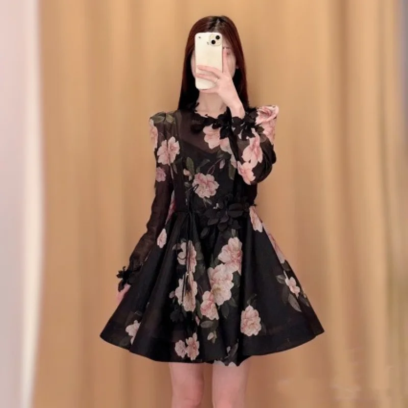 

Zim2024Spring NewNaturaBlack French Stereo Little Flower Long Sleeve Mini Dress