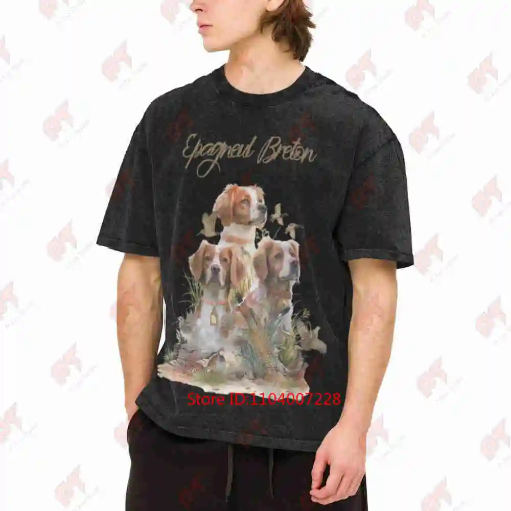 Brittany Spaniel Puppies Hunting Vintage Washed Tee Pure Cotton T-Shirt
