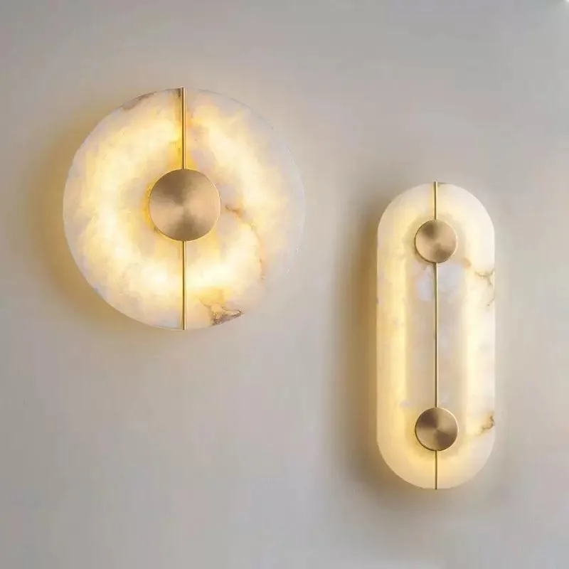 New French Copper Marble Wall Sconce, Dimmable Round Brass Lustre Lamp for Hotel