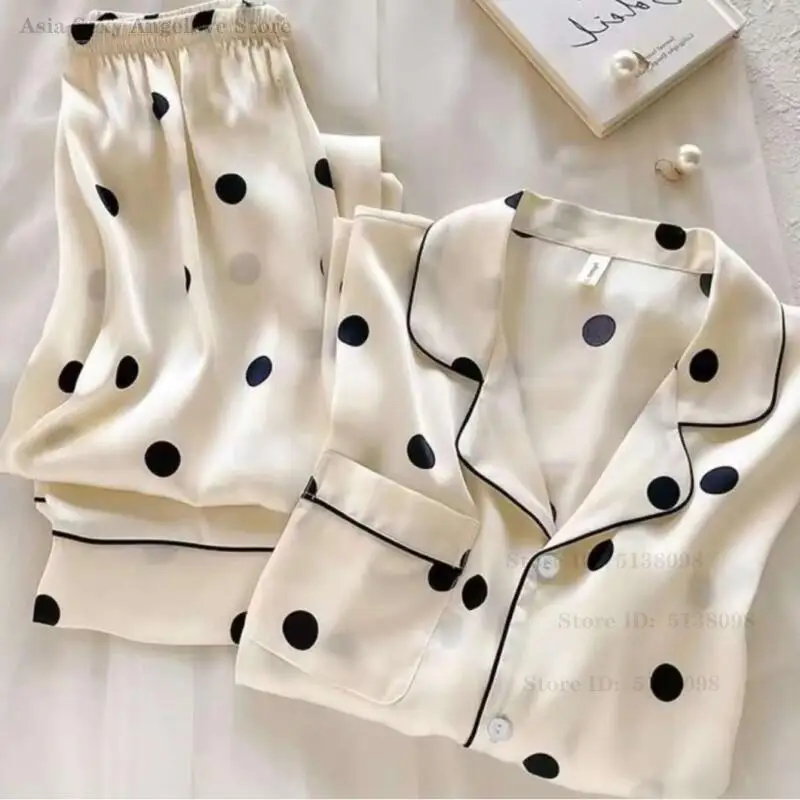 

Spring New Female 2PCS Pajamas Set Chemise Sleepwear Loose Ice Silk Long Sleeved Trouser Pijamas Suit Women Polka Dot Home Wear
