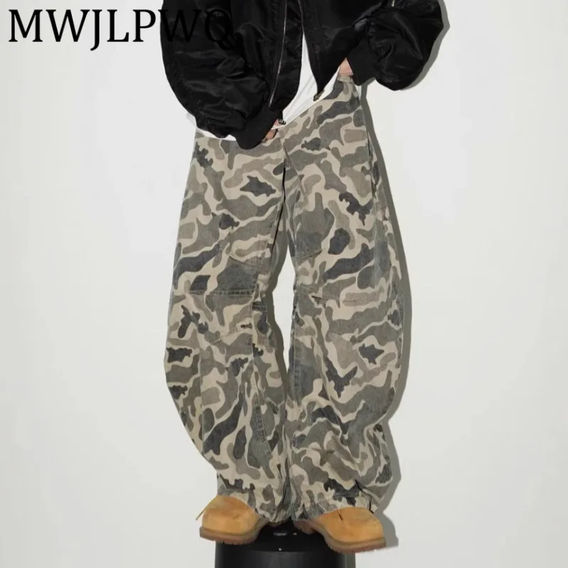 

MWJLPWQ High Street Лоскутные плиссированные джинсы Machete Американский камуфляжный низ Осенние винтажные свободные широкие брюки 12113