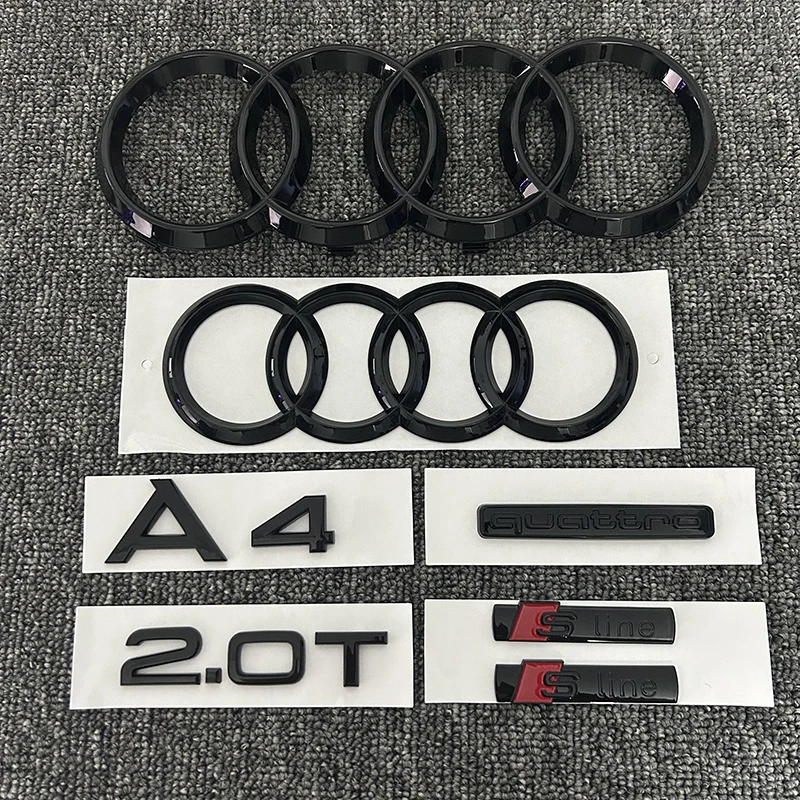 2PCS 4Ring logo ABS Black Car Hood Front Grill Rear Trunk Emblem Sticker 1P A4 1P Quarrto 1P 2.0T 2P Sline For AUDI A4 2008-2017