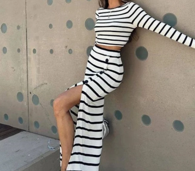 

Two Piece Set Women Outfit Black and White Striped Round Neck Long Sleeved Crop Top & Casual High Waist Button Slit Skirt Set