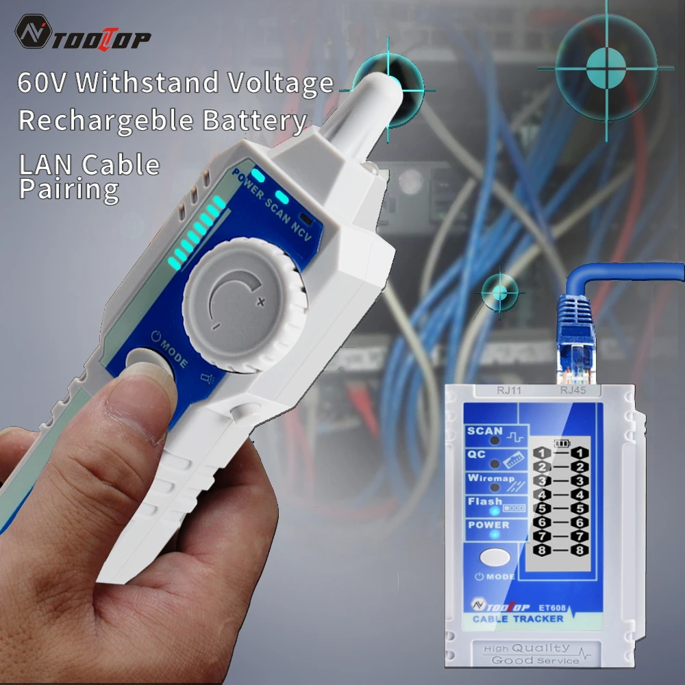 TOOLTOP ET608 LCD Netzwerkkabel-Tracer RJ45 RJ11 Crimp-Tester LAN-Kabeltester Leitungsfinder 60V Spannungsfest für Netzwerk-Reparaturwerkzeuge