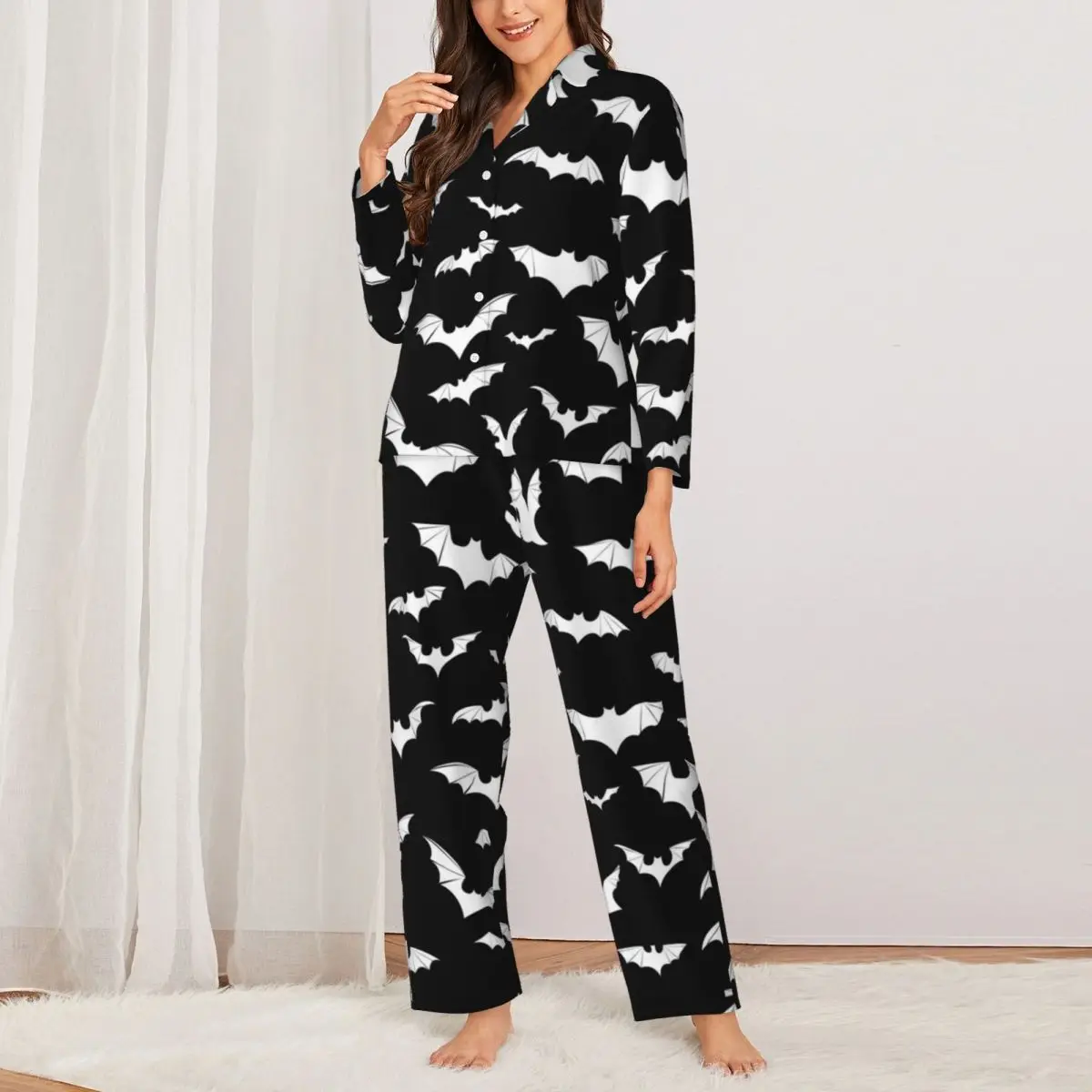 Pajamas Female Gothic Art Halloween Night Sleepwear Cute White Bats Two Piece Vintage Pajama Set Long-Sleeve Oversized Home Suit