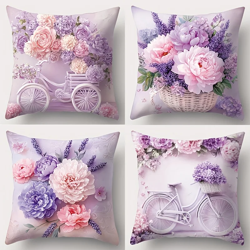 4 Pcs Purple Floral Pillow Cover Set,Unique Floating, Bicycle & Flower Basket Print Design for Sofa, Car & Bedroom Cushion Decor