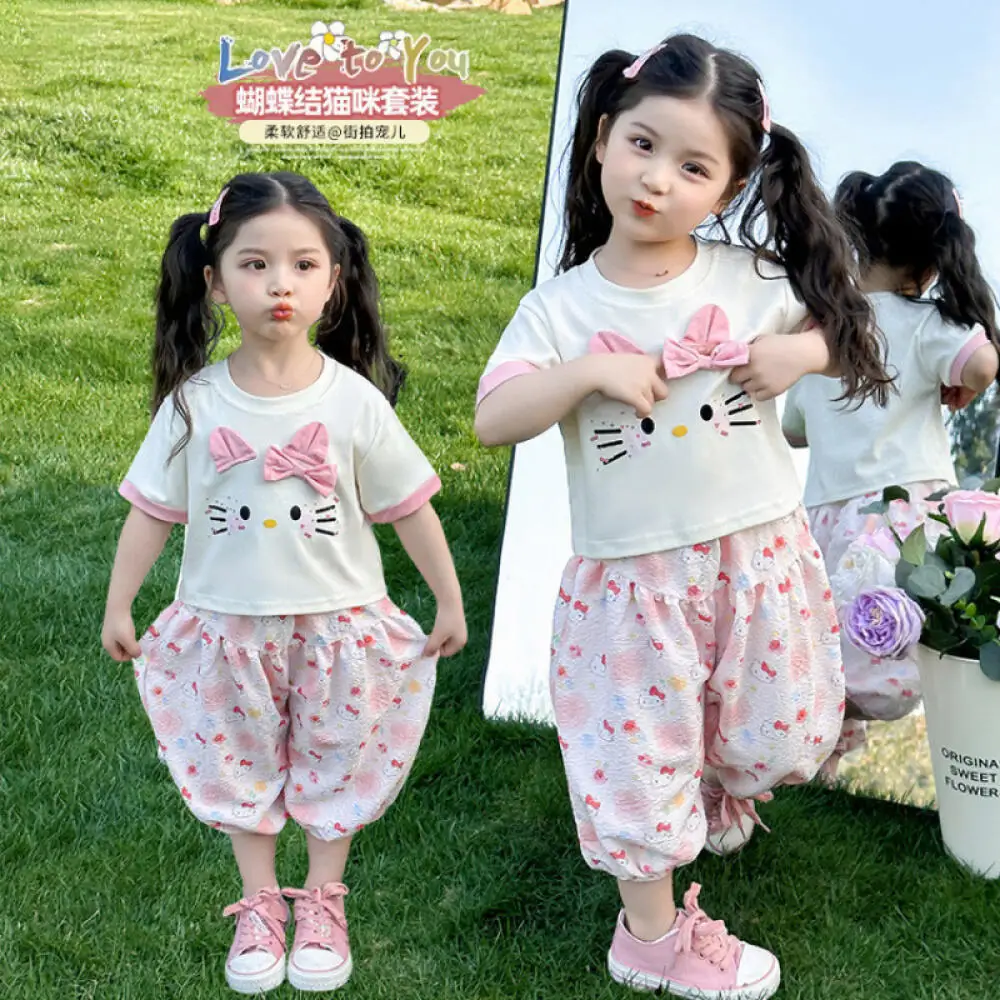 

Летний костюм Sanrio Hello Kitty 2026, штаны с короткими рукавами для маленьких девочек, противомоскитные штаны, 2 шт., милые детские повседневные штаны, детская одежда