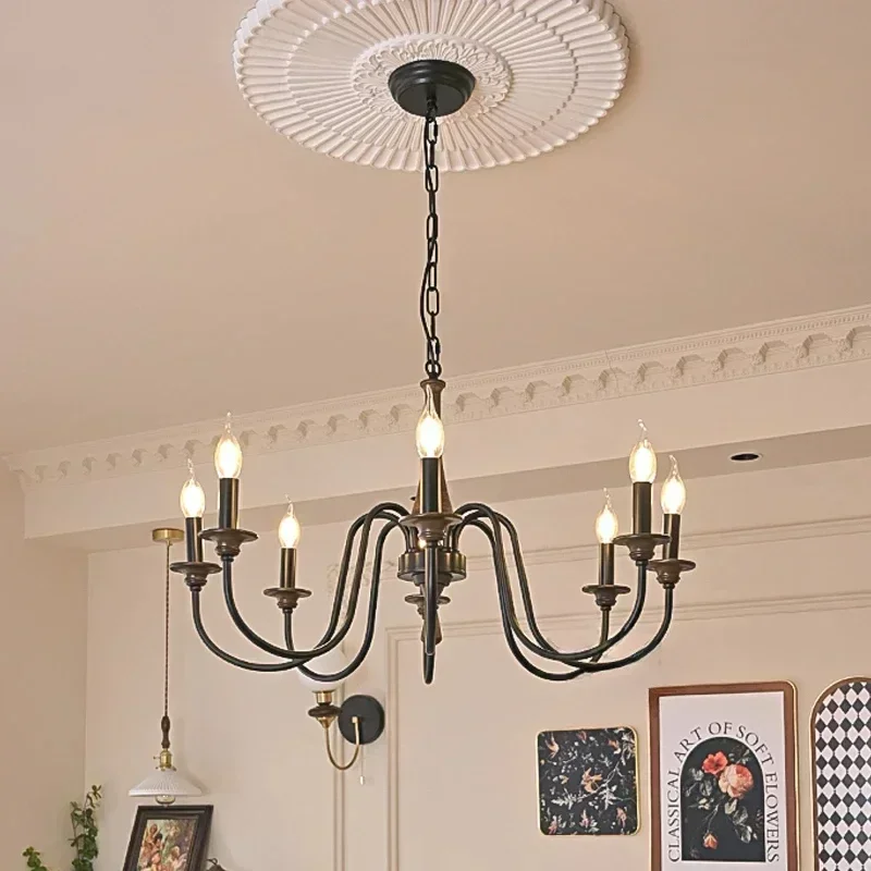 

Retro Home Decoration Pendant Lamp Solid Wood Wrought Iron Candle Led Lights Nordic Bedroom Living Room Dining Salon Chandeliers