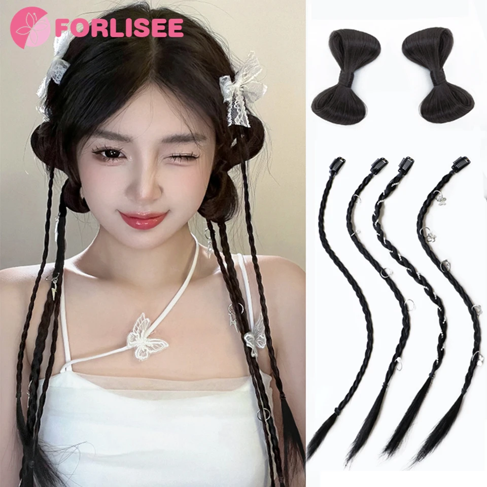 

FORLISEE Synthetic Wig Braid Female Sweet Cool Natural Bow Fried Dough Twists Long Braid Hair Piece Can Be Tied With Ponytail